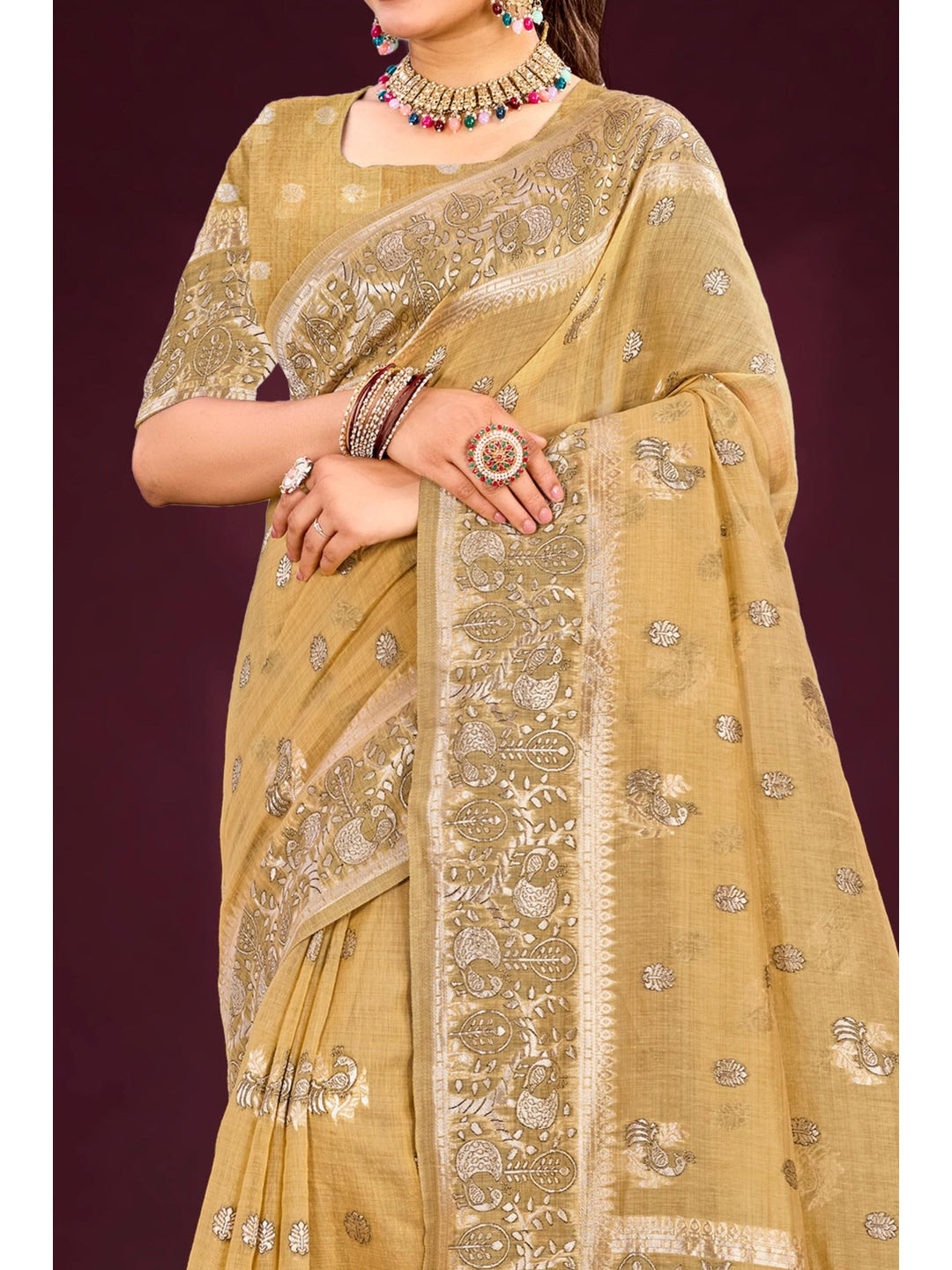 Peachmode Beige Cotton Blend Aarohi cotton Saree - Image 4