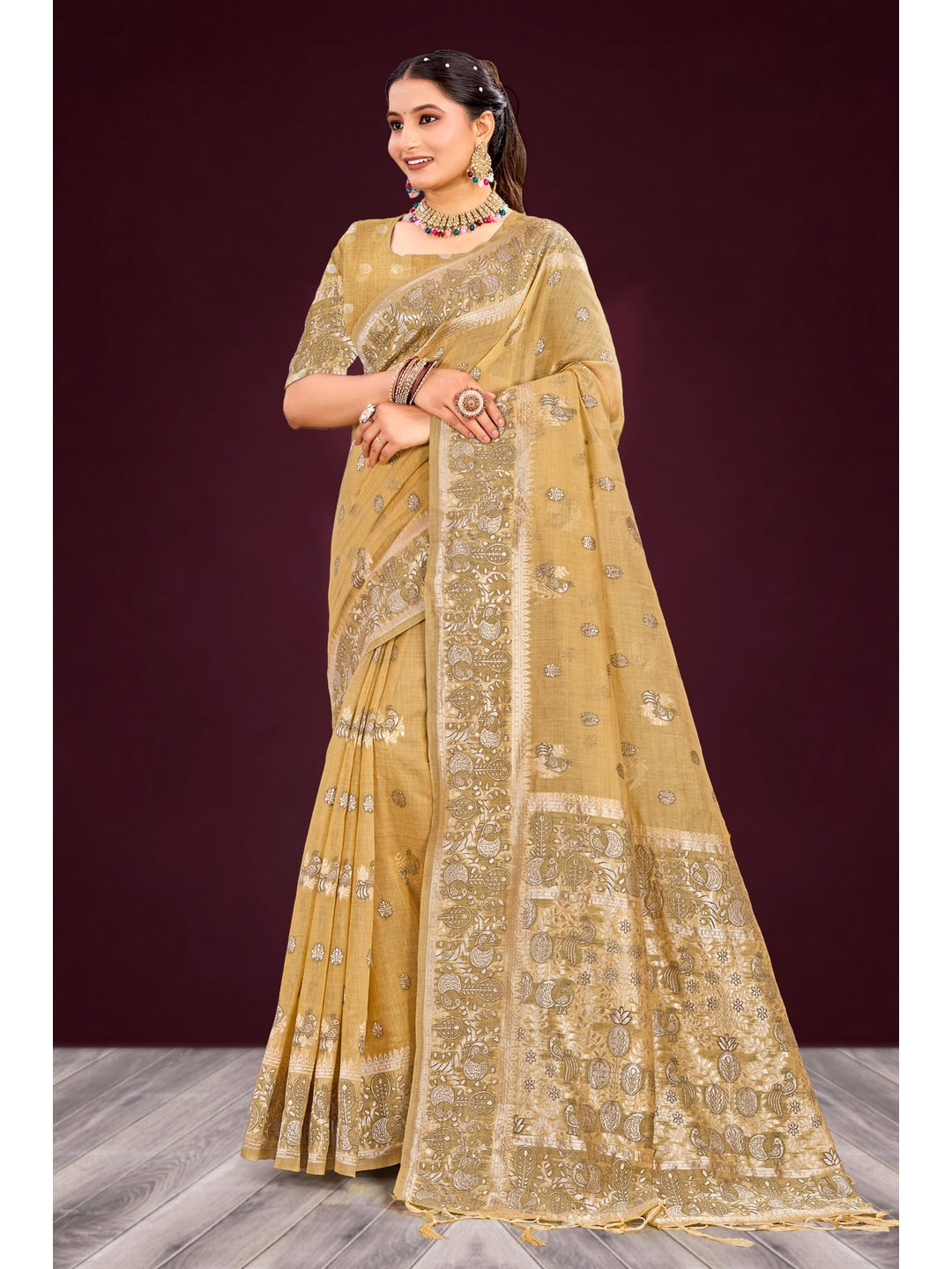 Peachmode Beige Cotton Blend Aarohi cotton Saree - Image 1