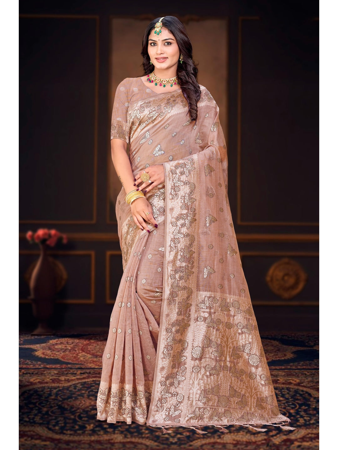 Peachmode Pink Cotton Blend Aarohi cotton Saree - Image 1