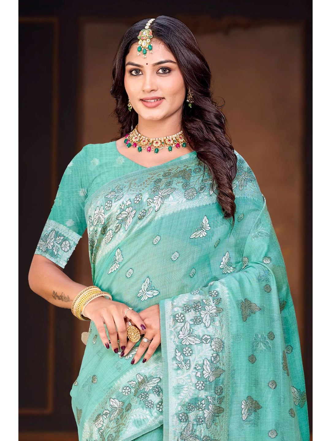 Peachmode Aqua Blue Cotton Blend Aarohi cotton Saree - Image 2
