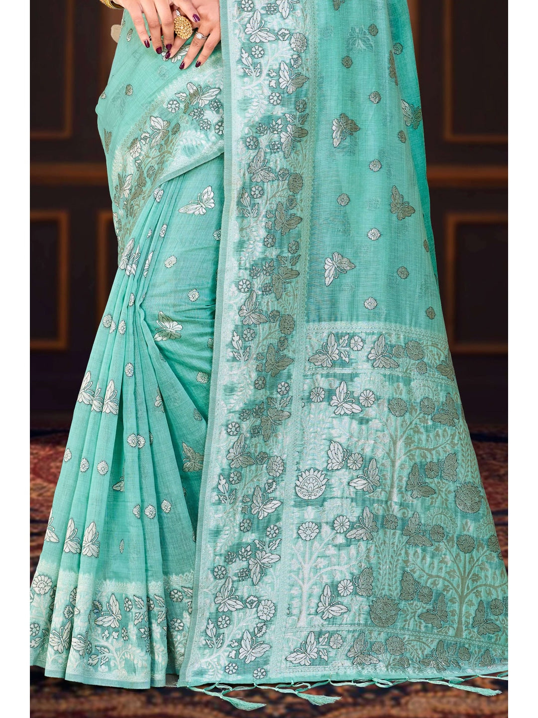 Peachmode Aqua Blue Cotton Blend Aarohi cotton Saree - Image 3