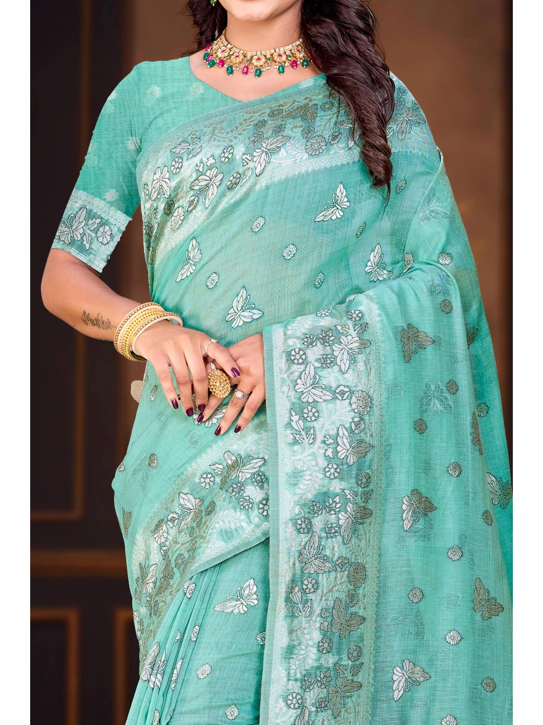 Peachmode Aqua Blue Cotton Blend Aarohi cotton Saree - Image 4