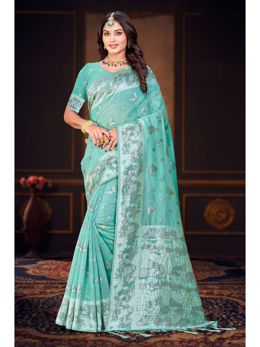 Peachmode Aqua Blue Cotton Blend Aarohi cotton Saree - Image 1