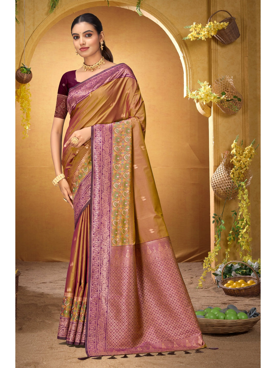 Peachmode Mustard Yellow Silk Blend Adiksha SIlk Saree - Image 1