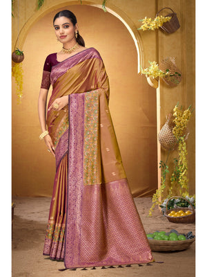 Peachmode Mustard Yellow Silk Blend Adiksha SIlk Saree - Image 1
