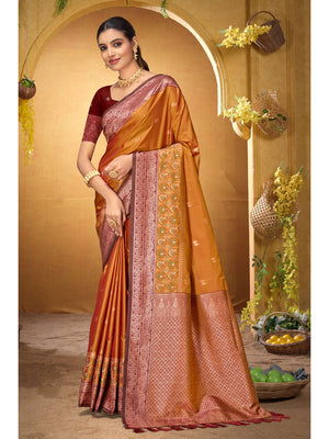 Peachmode Orange Silk Blend Adiksha SIlk Saree - Image 1