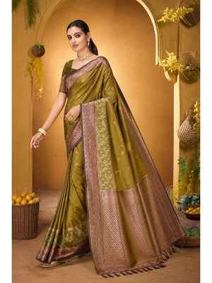 Peachmode Olive Green Silk Blend Adiksha SIlk Saree - Image 2
