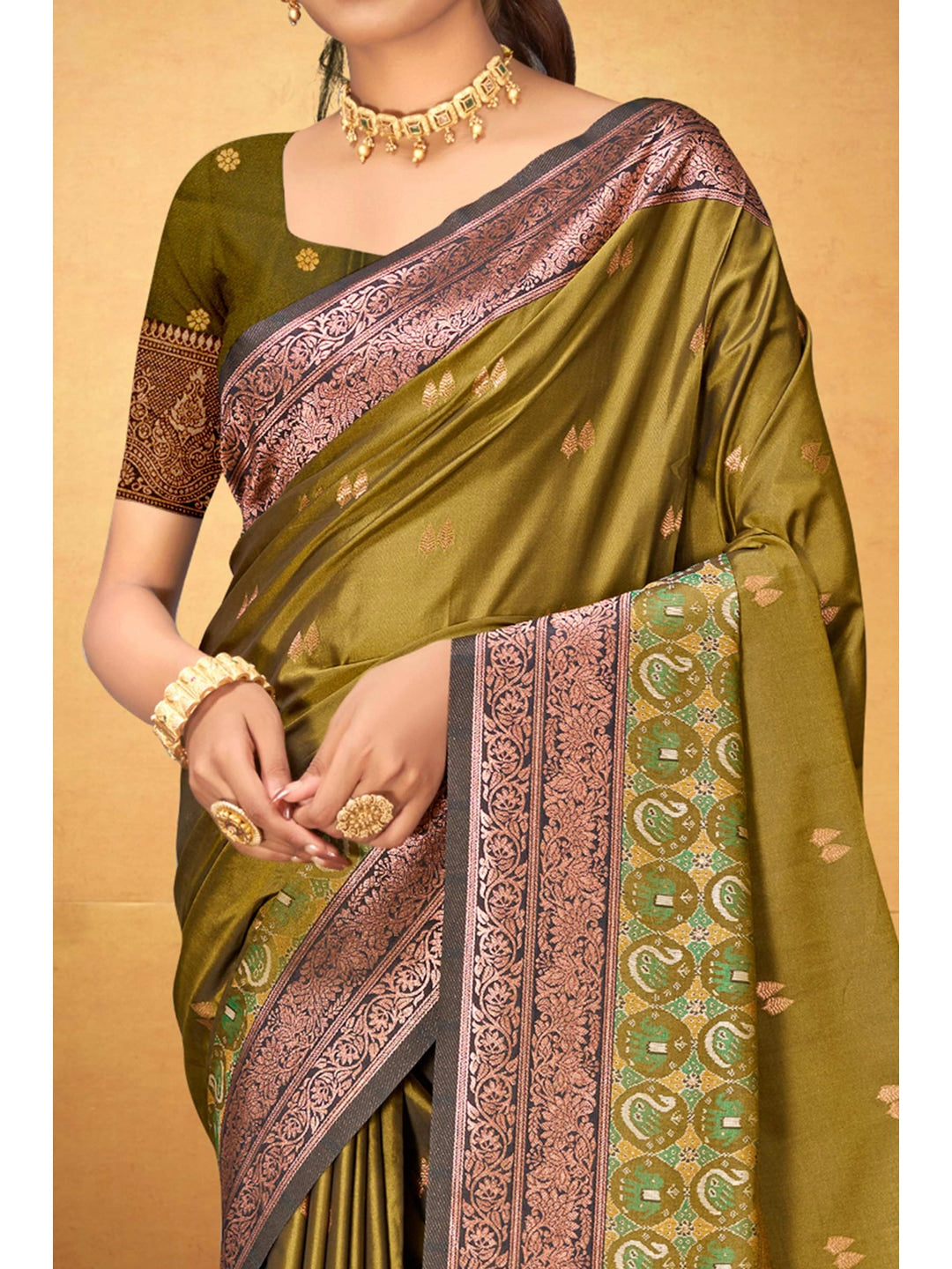 Peachmode Olive Green Silk Blend Adiksha SIlk Saree - Image 6