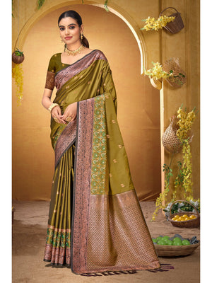 Peachmode Olive Green Silk Blend Adiksha SIlk Saree - Image 1
