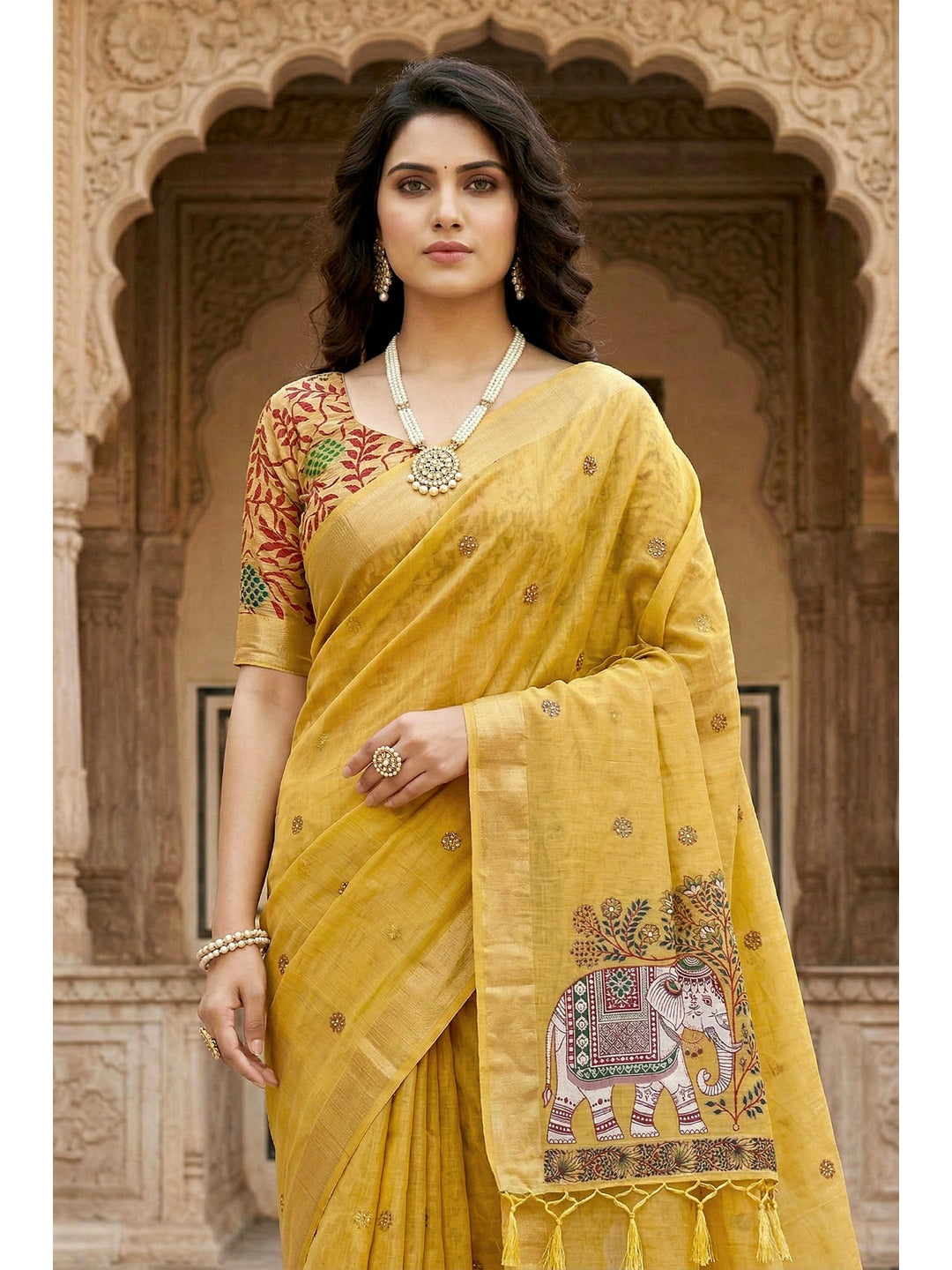 Peachmode Yellow Cotton Blend Country Plus Saree - Image 2