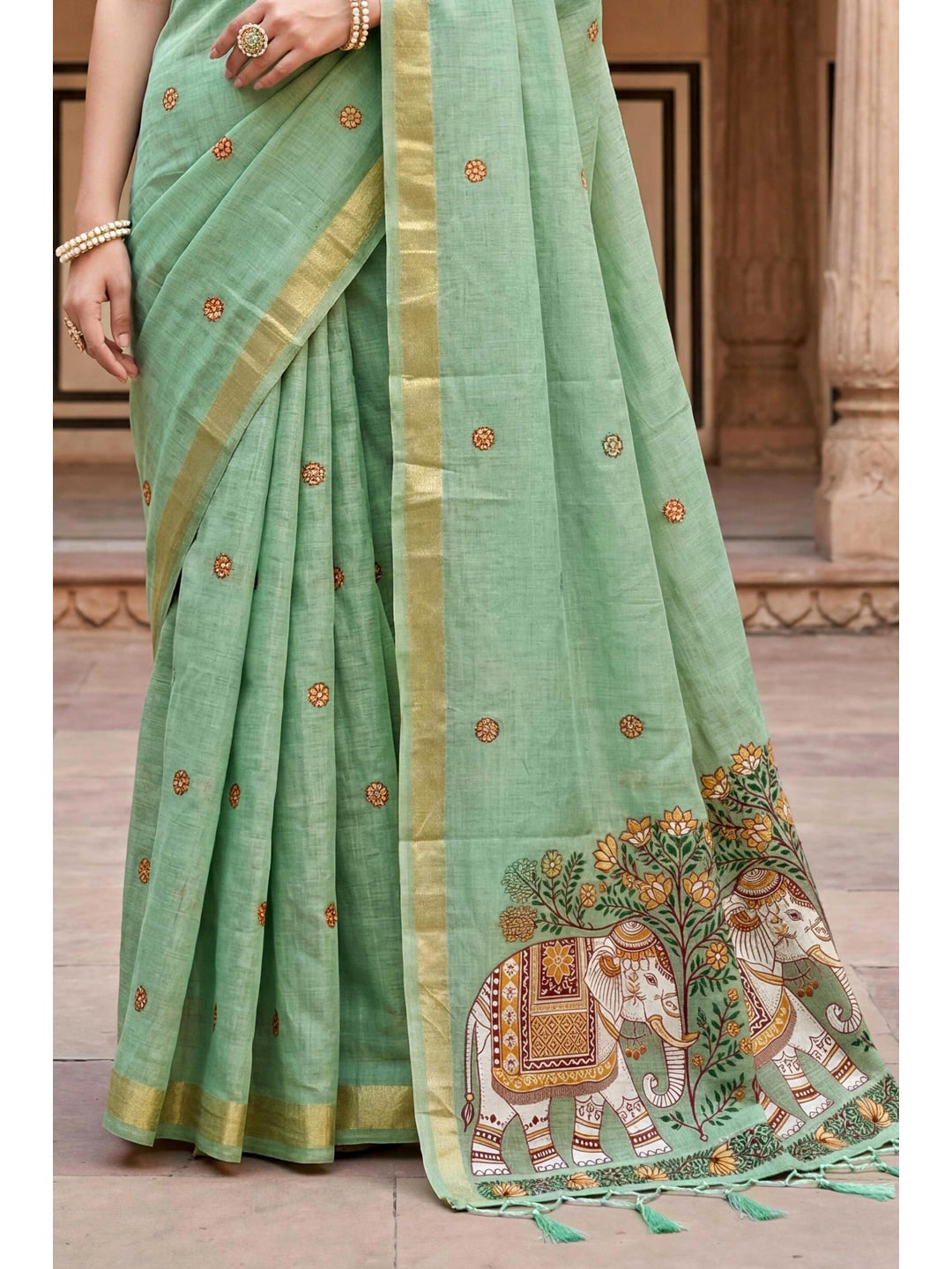 Peachmode Green Cotton Blend Country Plus Saree - Image 6