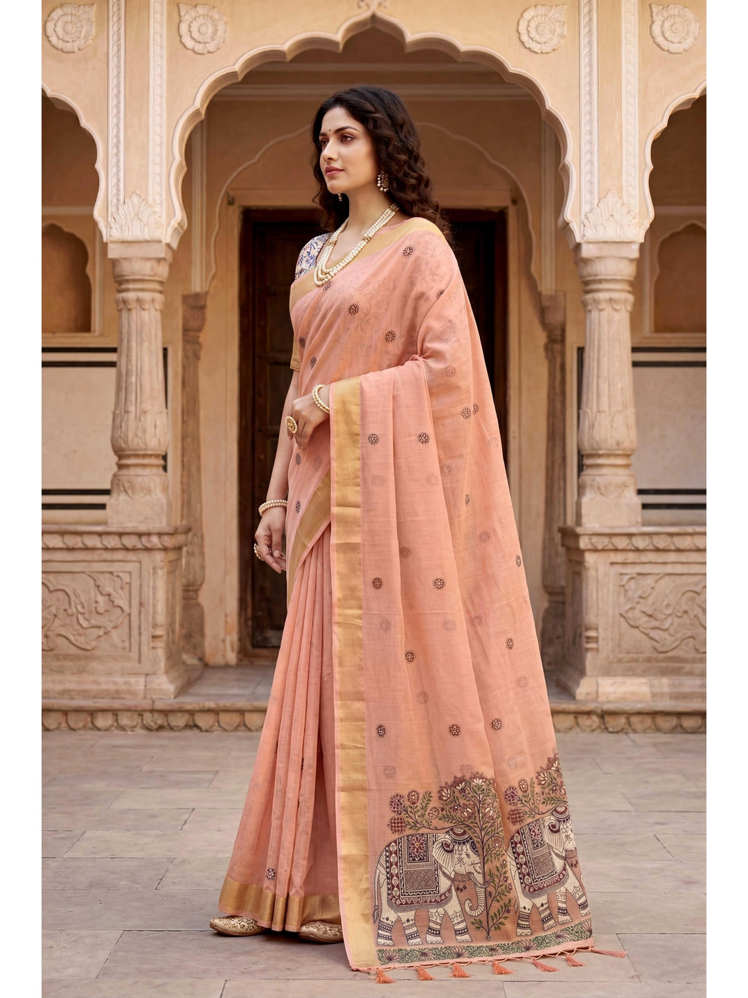 Peachmode Peach Cotton Blend Country Plus Saree - Image 3