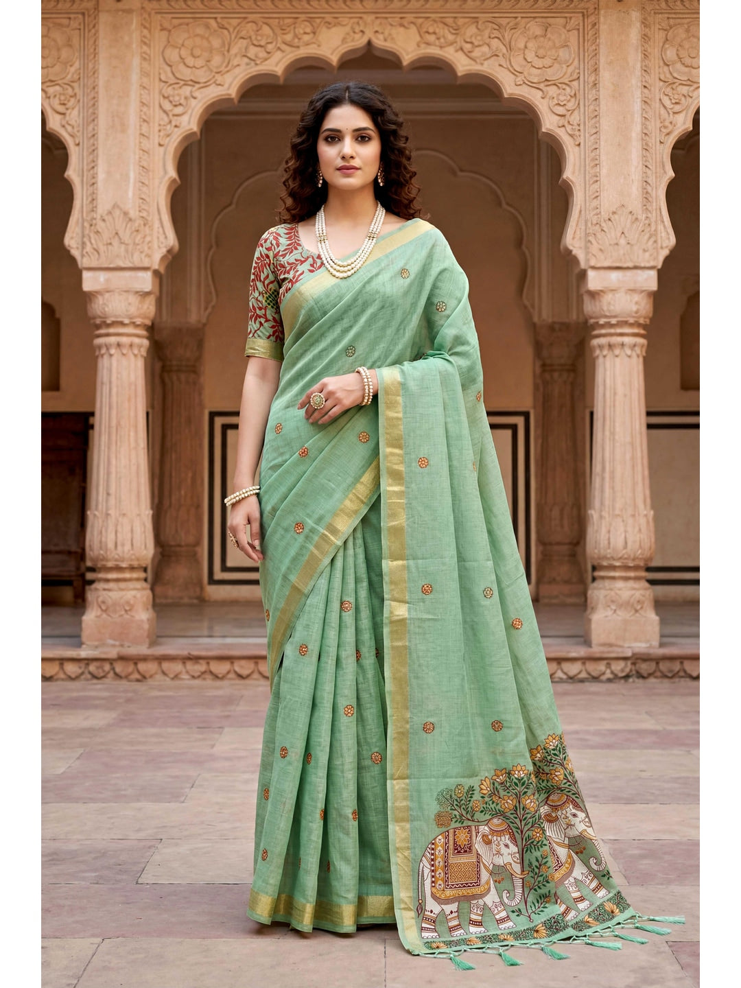 Peachmode Green Cotton Blend Country Plus Saree - Image 1