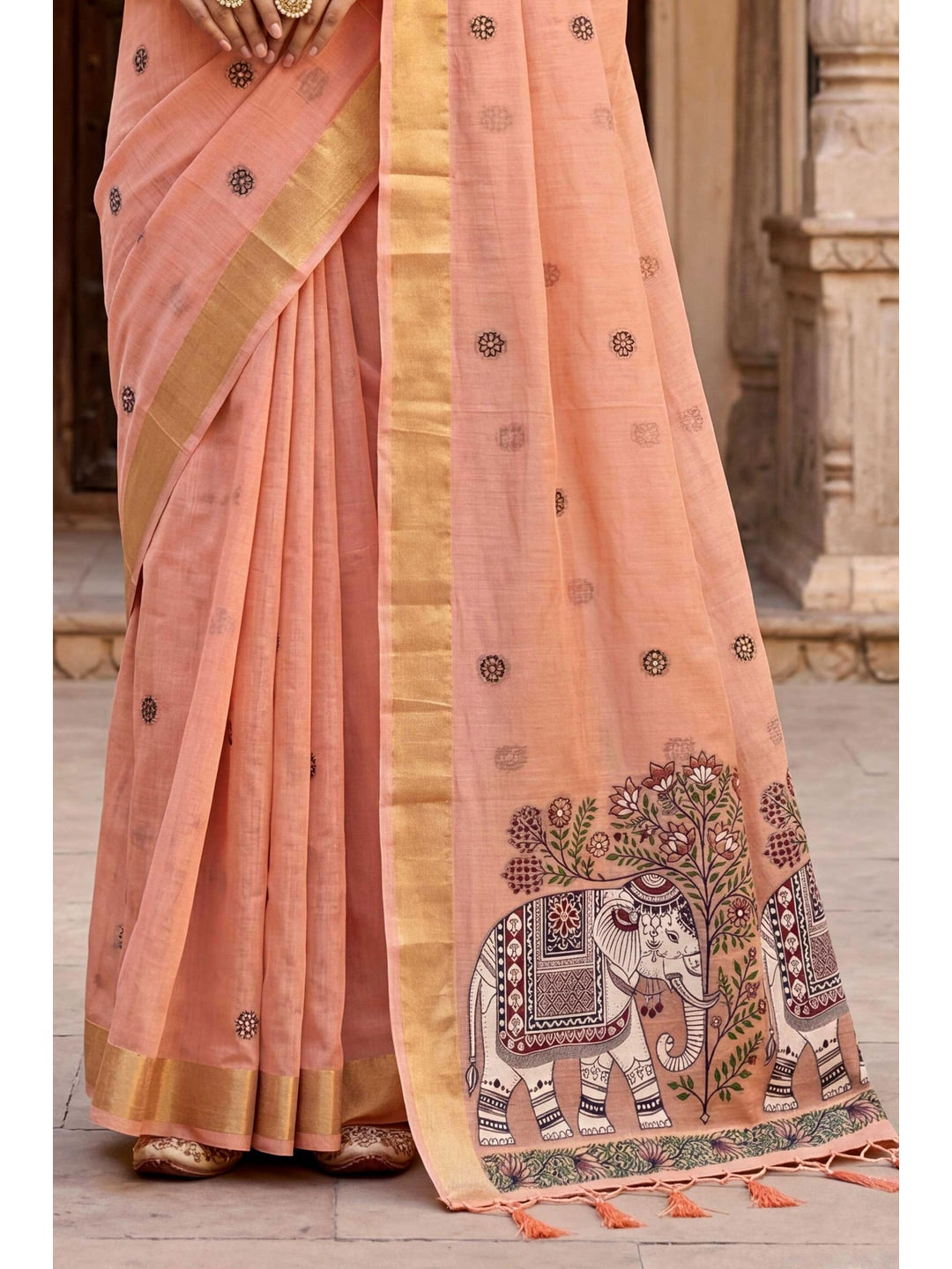 Peachmode Peach Cotton Blend Country Plus Saree - Image 6