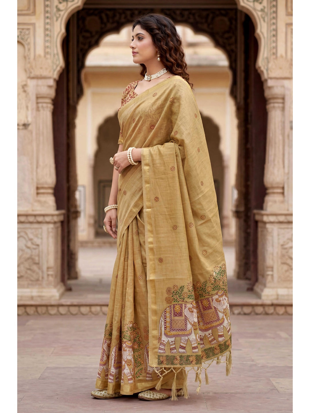 Peachmode Beige Cotton Blend Country Plus Saree - Image 3