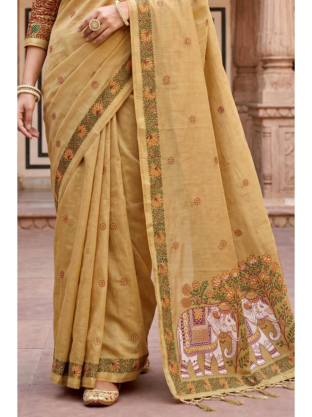 Peachmode Beige Cotton Blend Country Plus Saree - Image 6