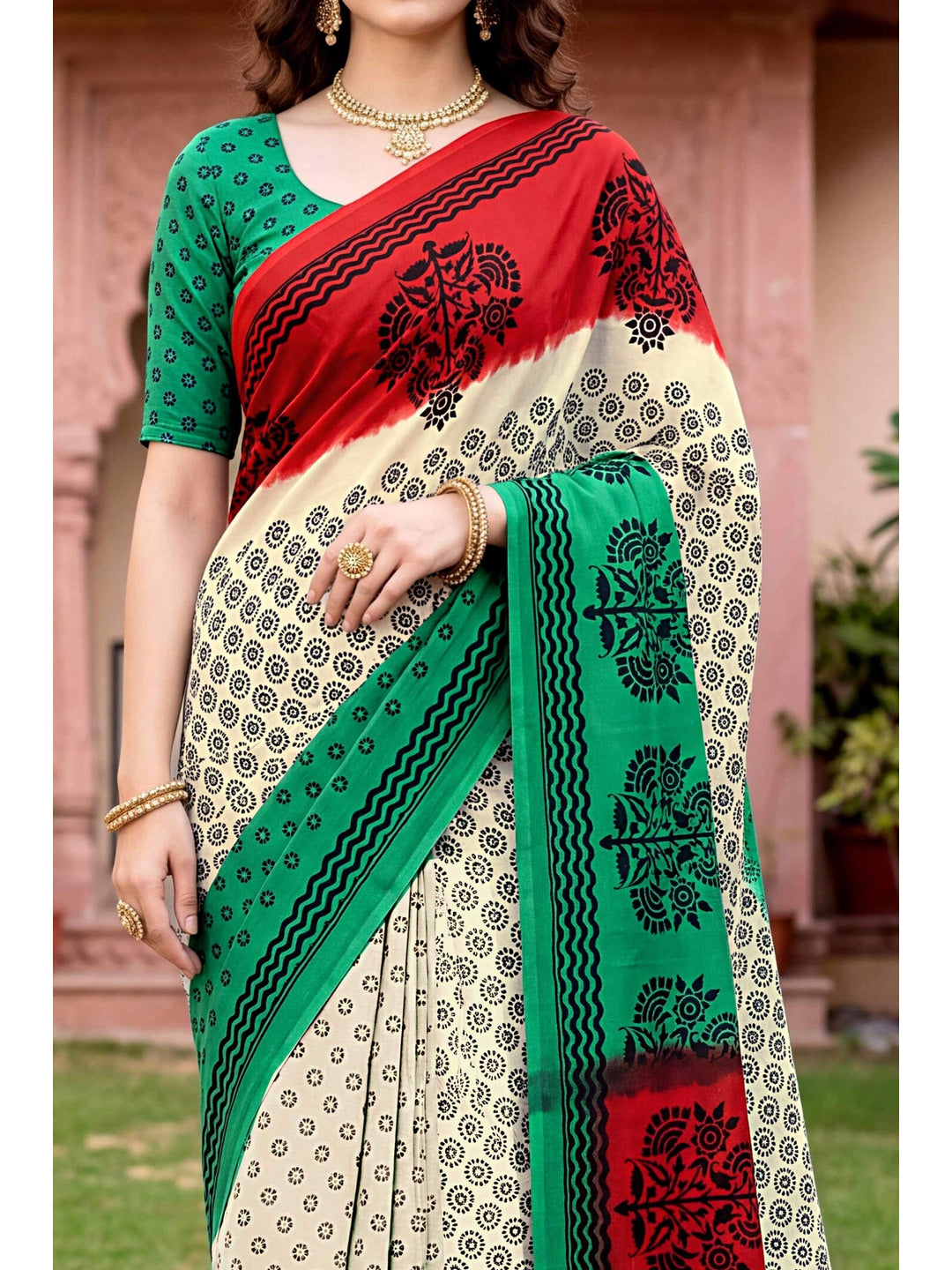 Peachmode Cream Georgette Saree - Image 5