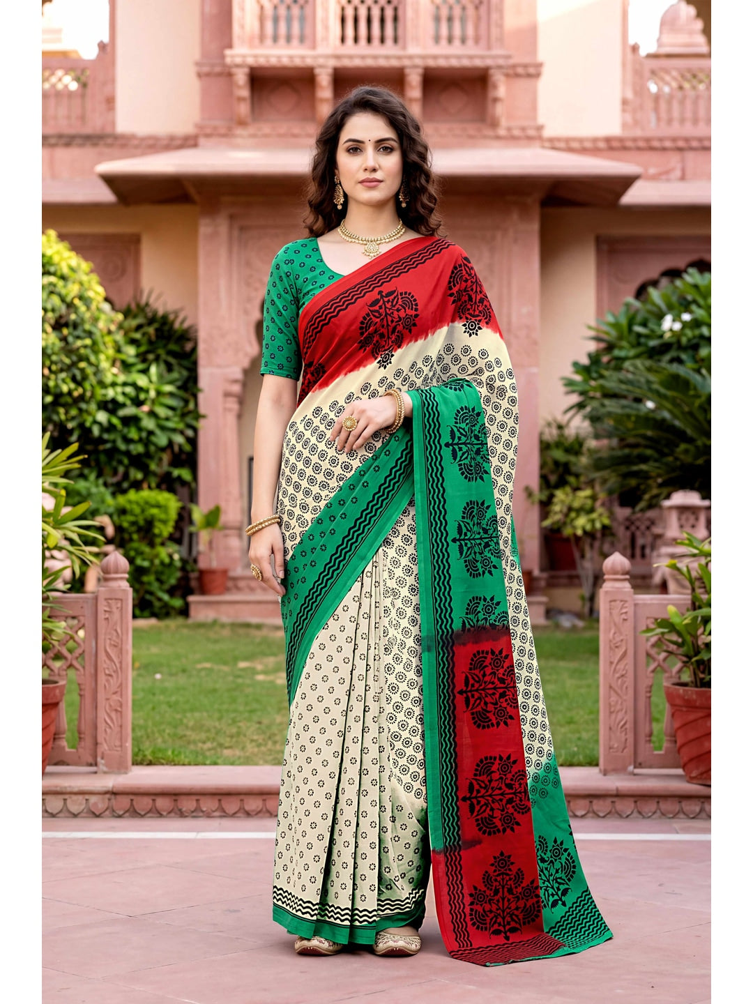 Peachmode Cream Georgette Saree - Image 1