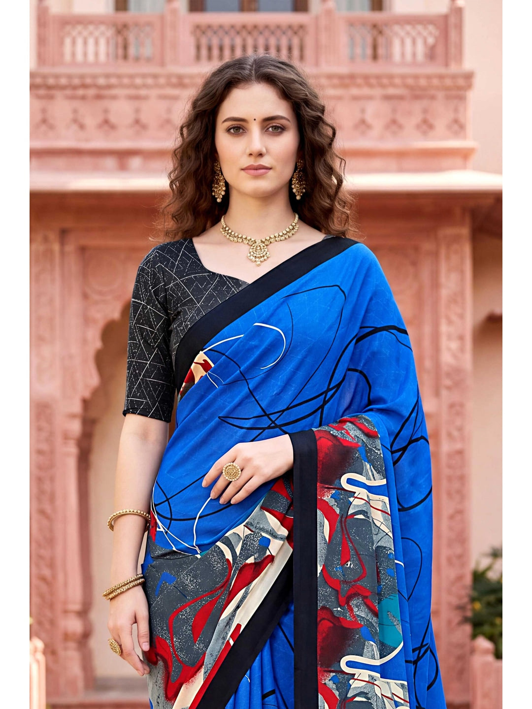 Peachmode Blue Georgette Saree - Image 4