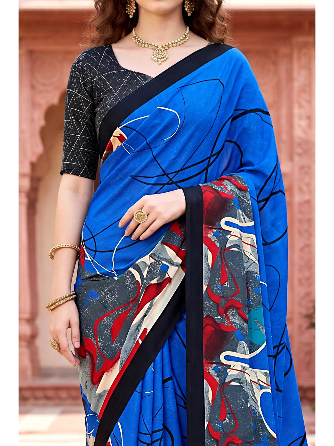 Peachmode Blue Georgette Saree - Image 5