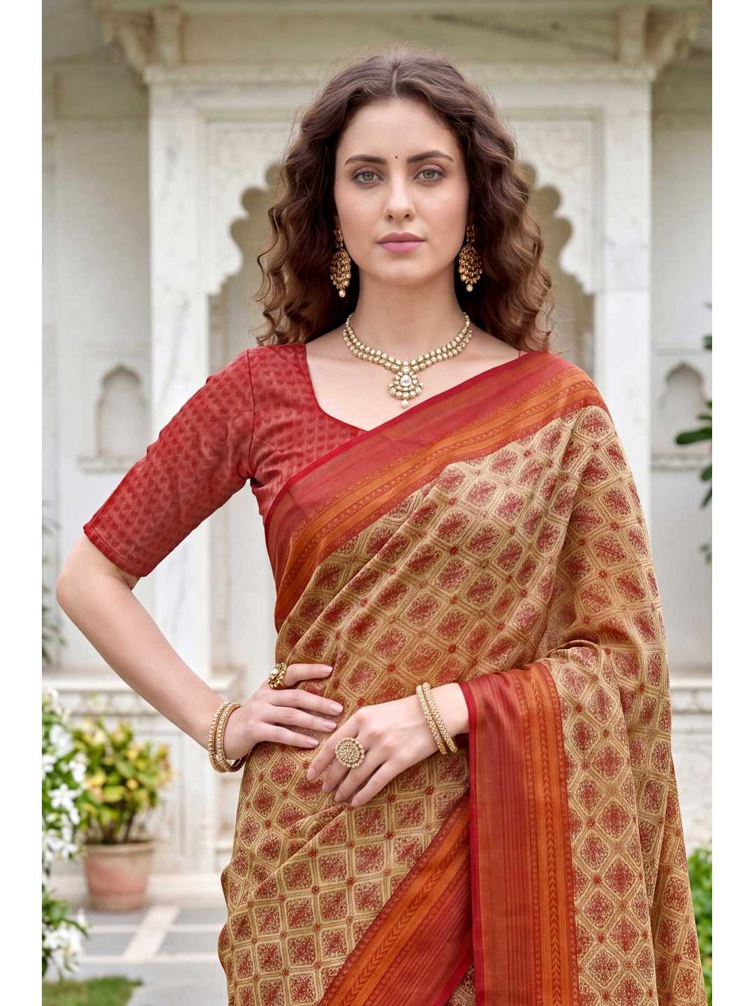 Peachmode Beige Georgette Saree - Image 4