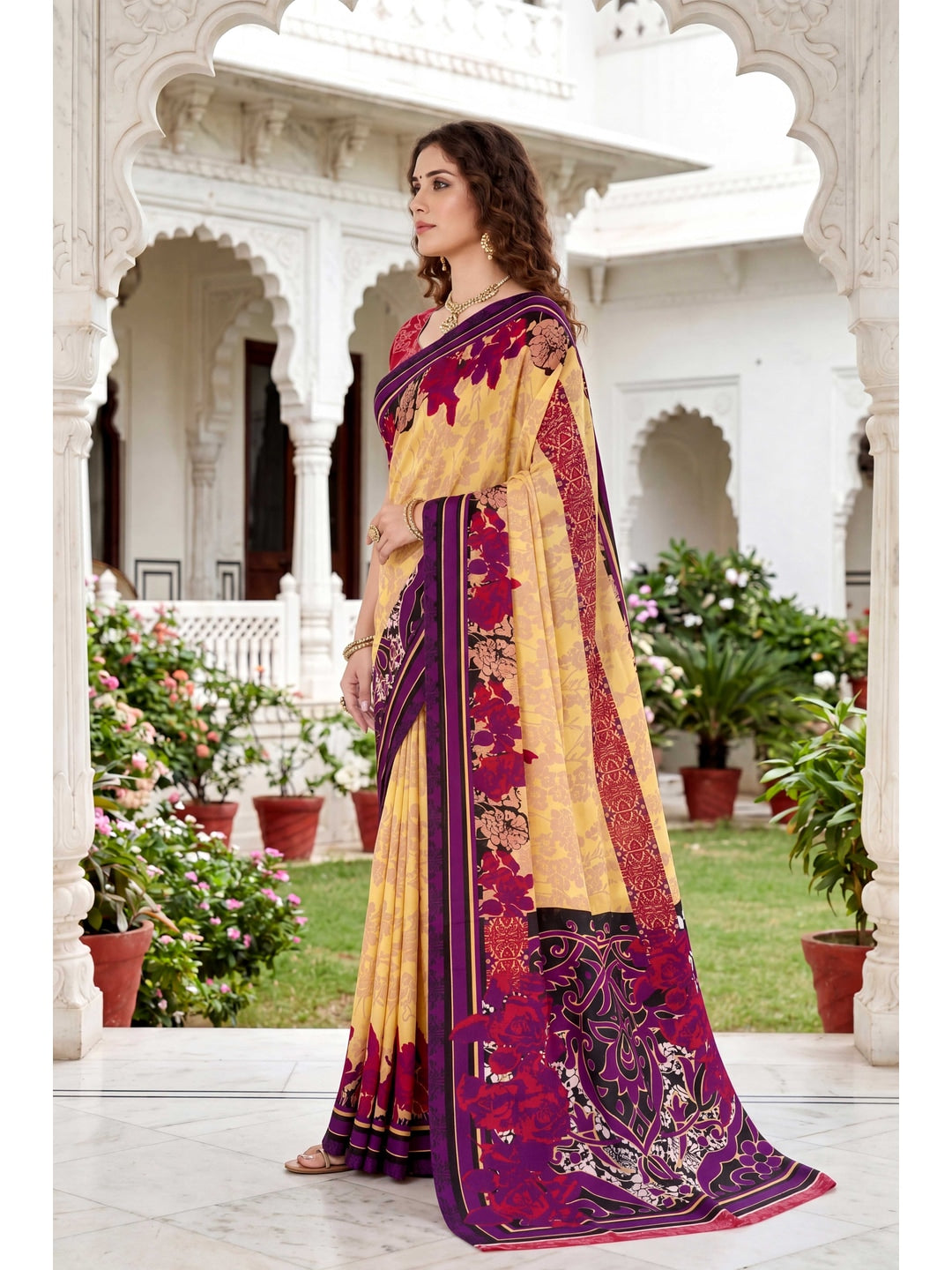 Peachmode Yellow Georgette Saree - Image 3
