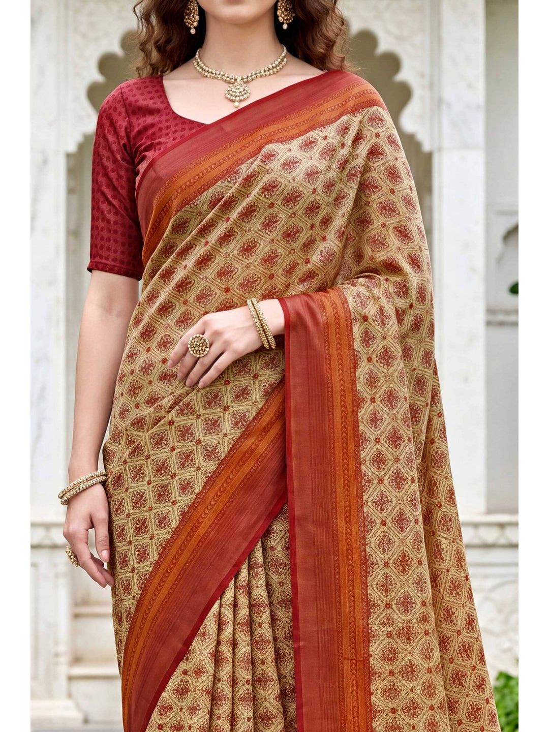 Peachmode Beige Georgette Saree - Image 5