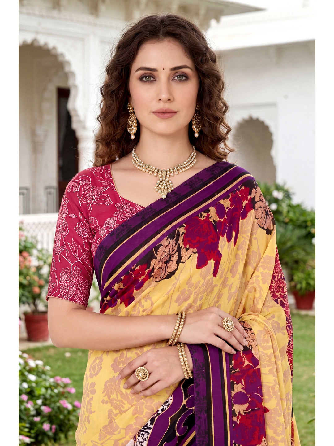 Peachmode Yellow Georgette Saree - Image 4