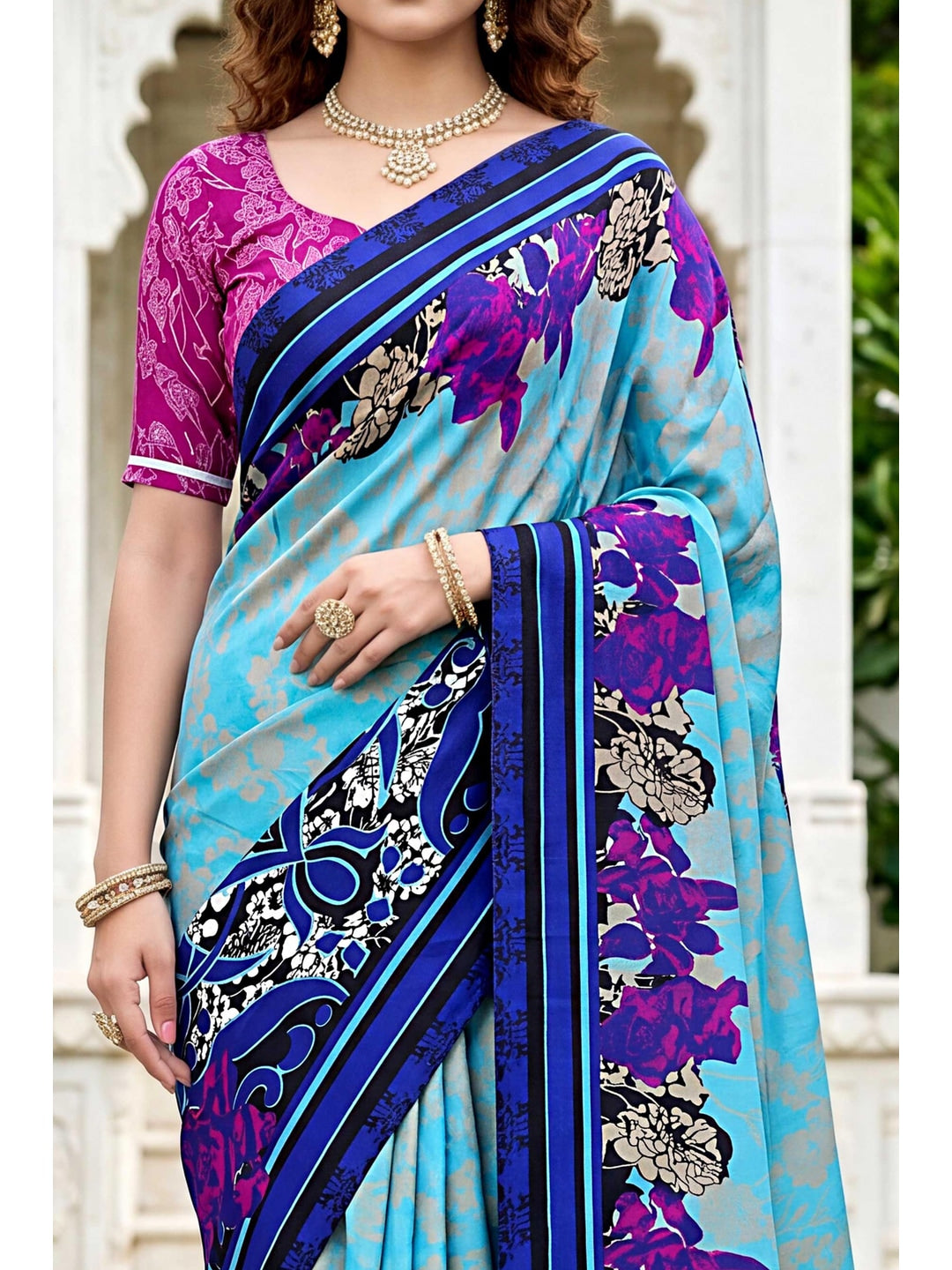 Peachmode Blue Georgette Saree - Image 5