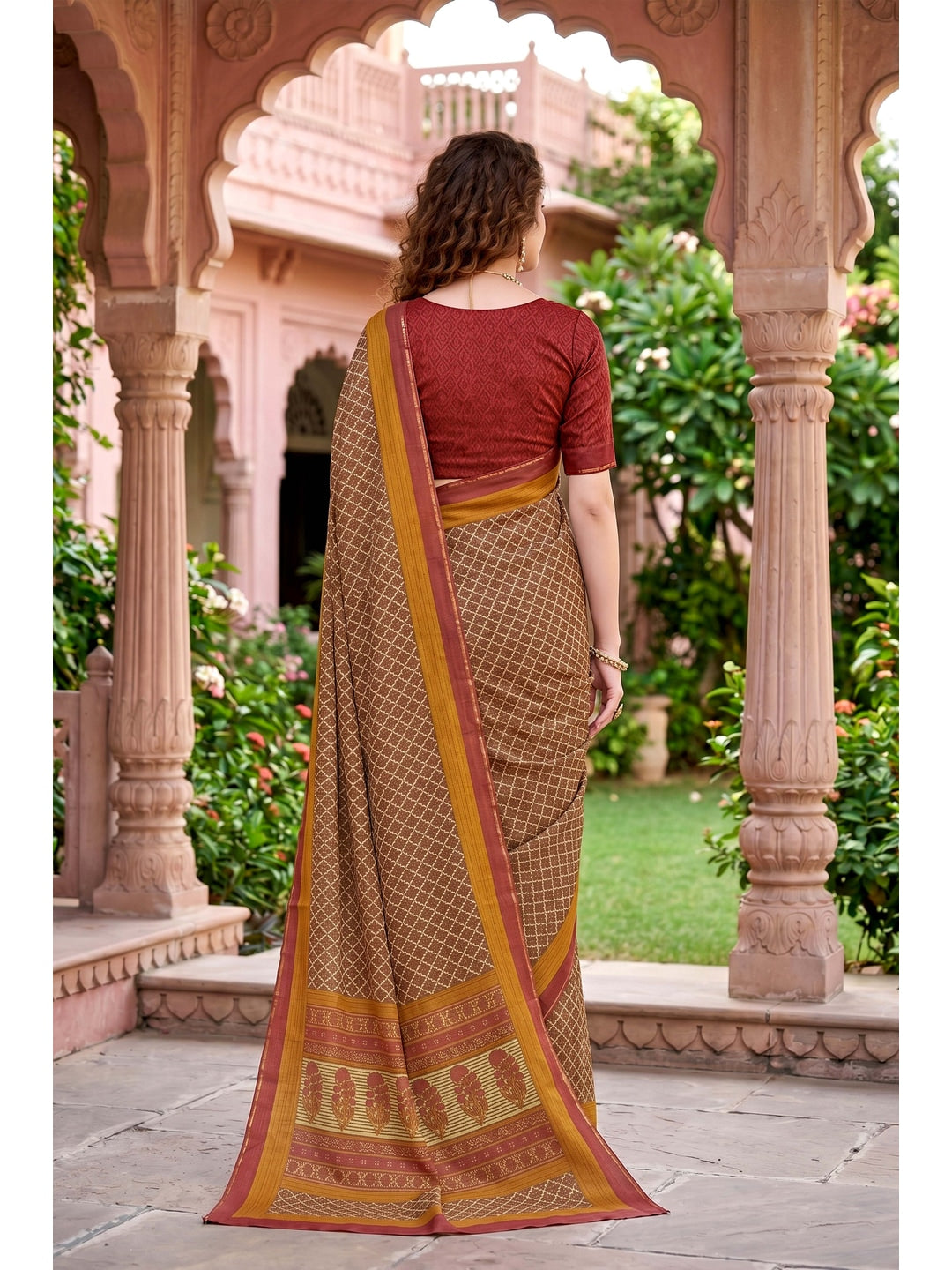 Peachmode Beige Georgette Saree - Image 2
