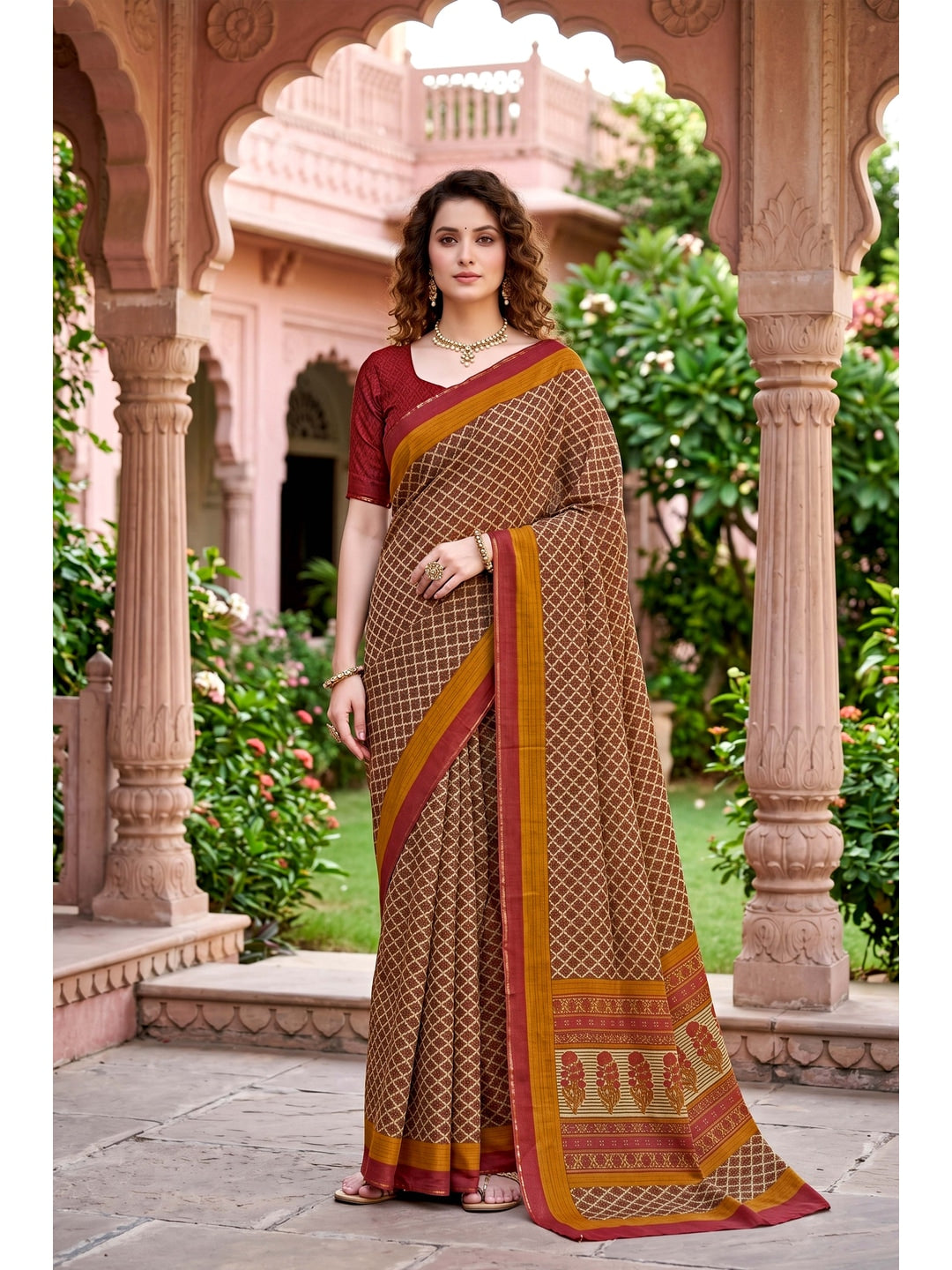 Peachmode Beige Georgette Saree - Image 1