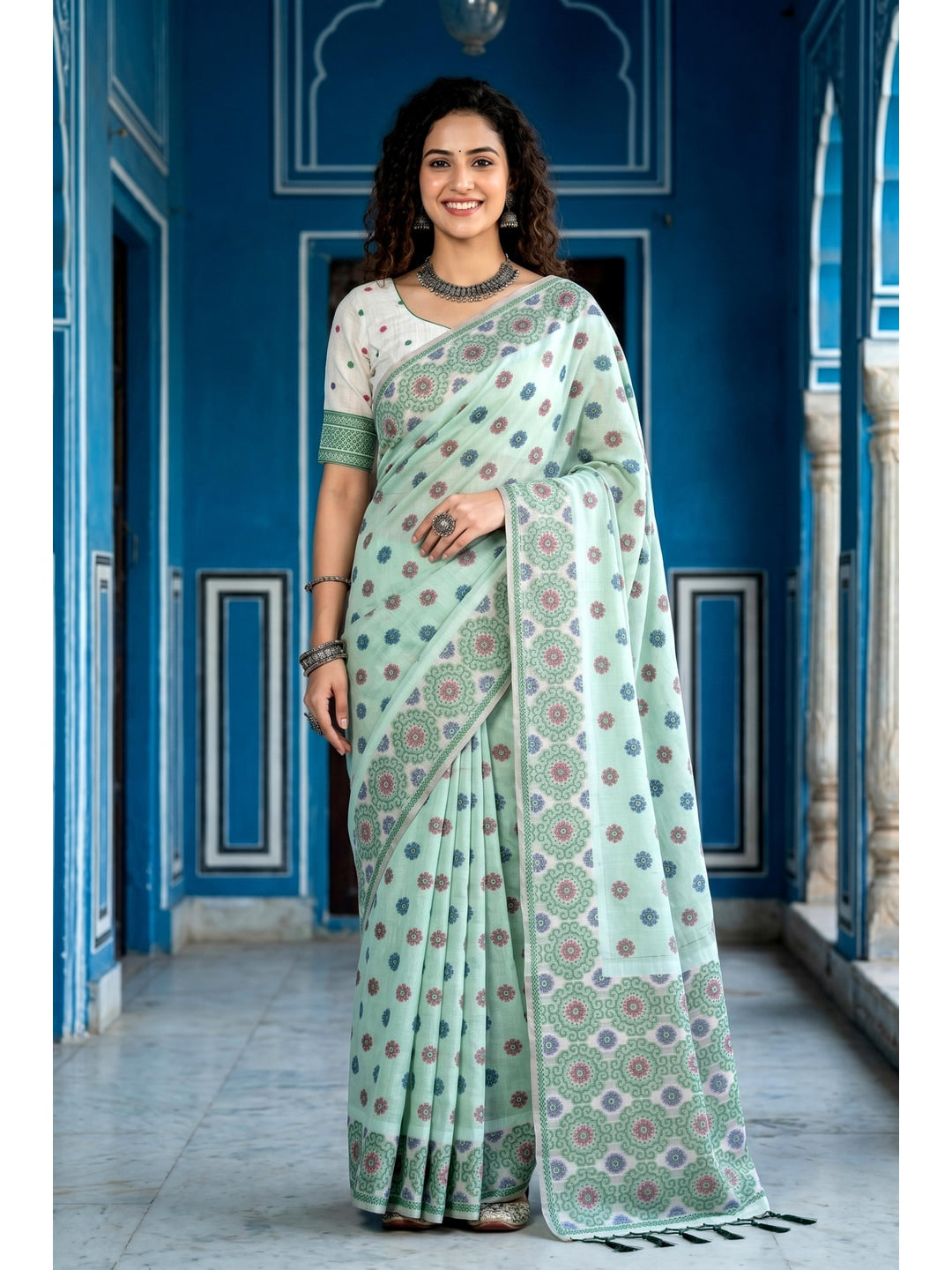 Peachmode Blue Cotton Blend Aananya Saree - Image 1