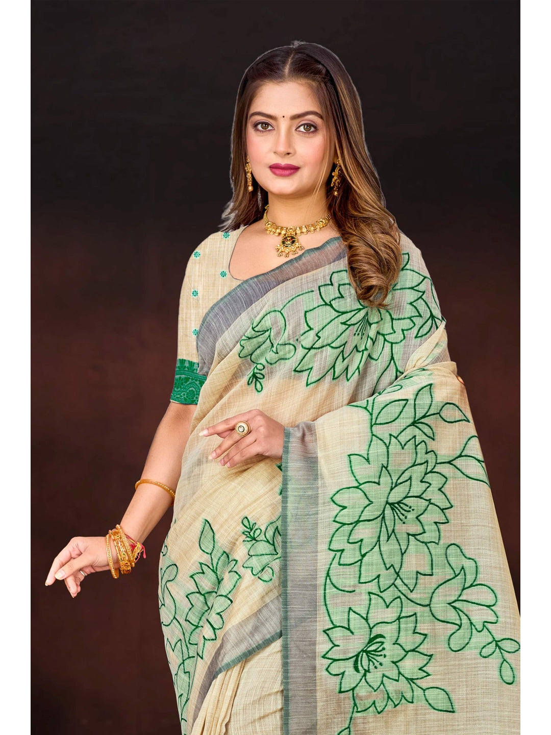 Peachmode Green Cotton Blend Aarika Cotton Saree - Image 2