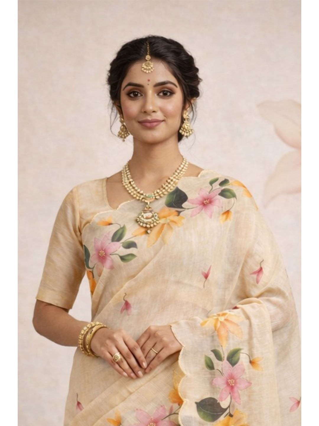 Peachmode Beige Cotton Blend Dashrangi Saree - Image 2