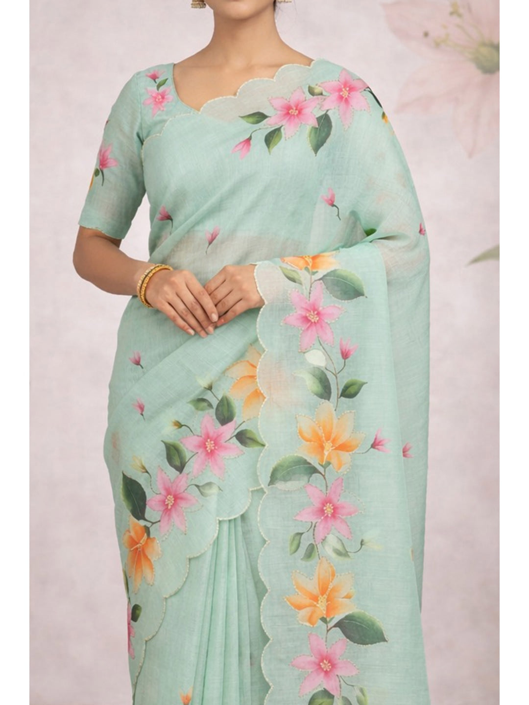 Peachmode Sea Green Cotton Blend Dashrangi Saree - Image 3