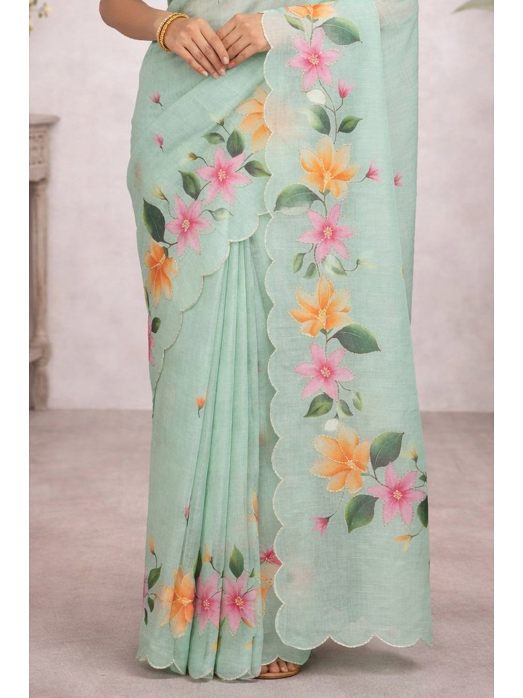 Peachmode Sea Green Cotton Blend Dashrangi Saree - Image 4