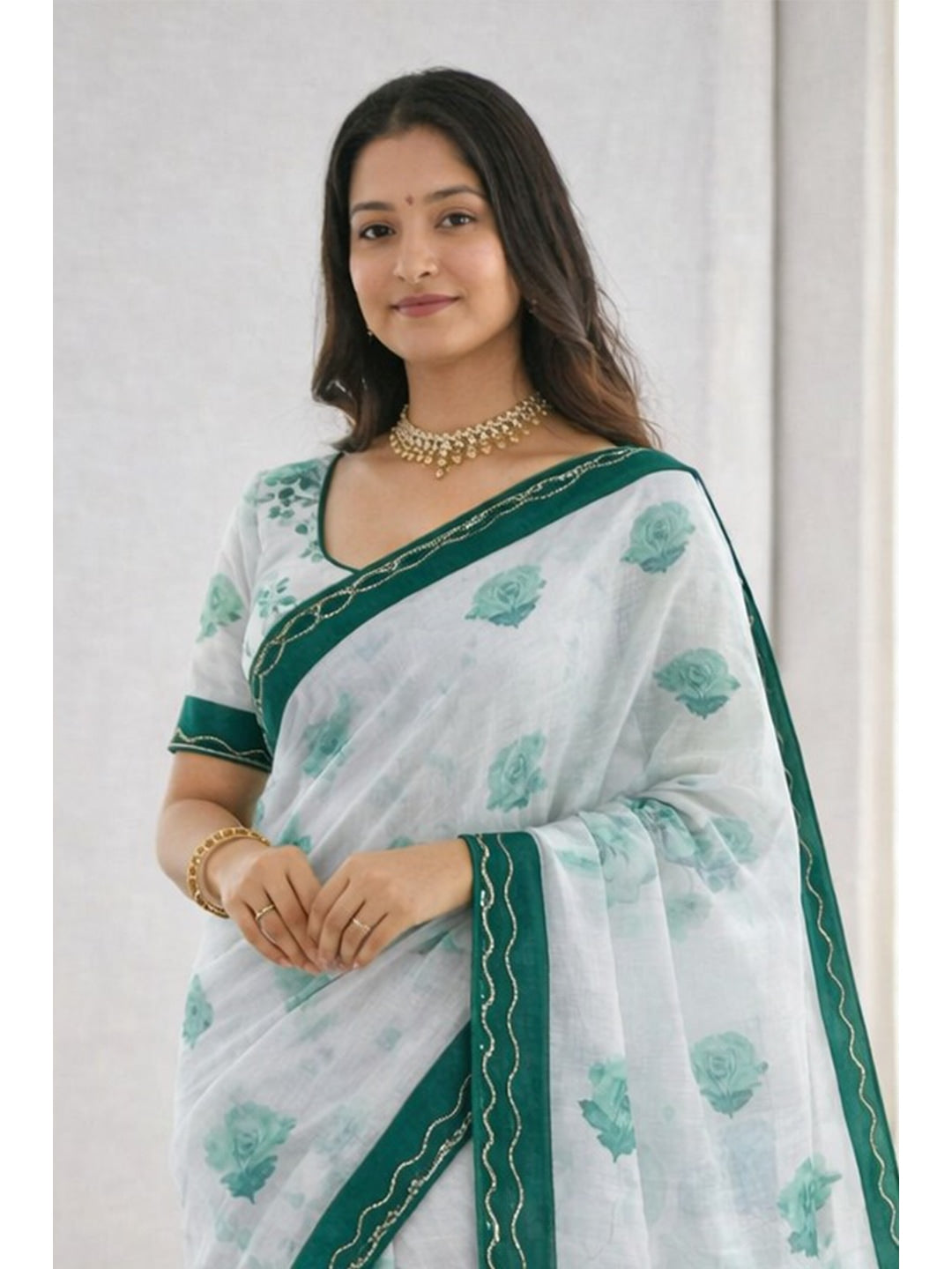 Peachmode Green Cotton Blend Devika Saree - Image 2