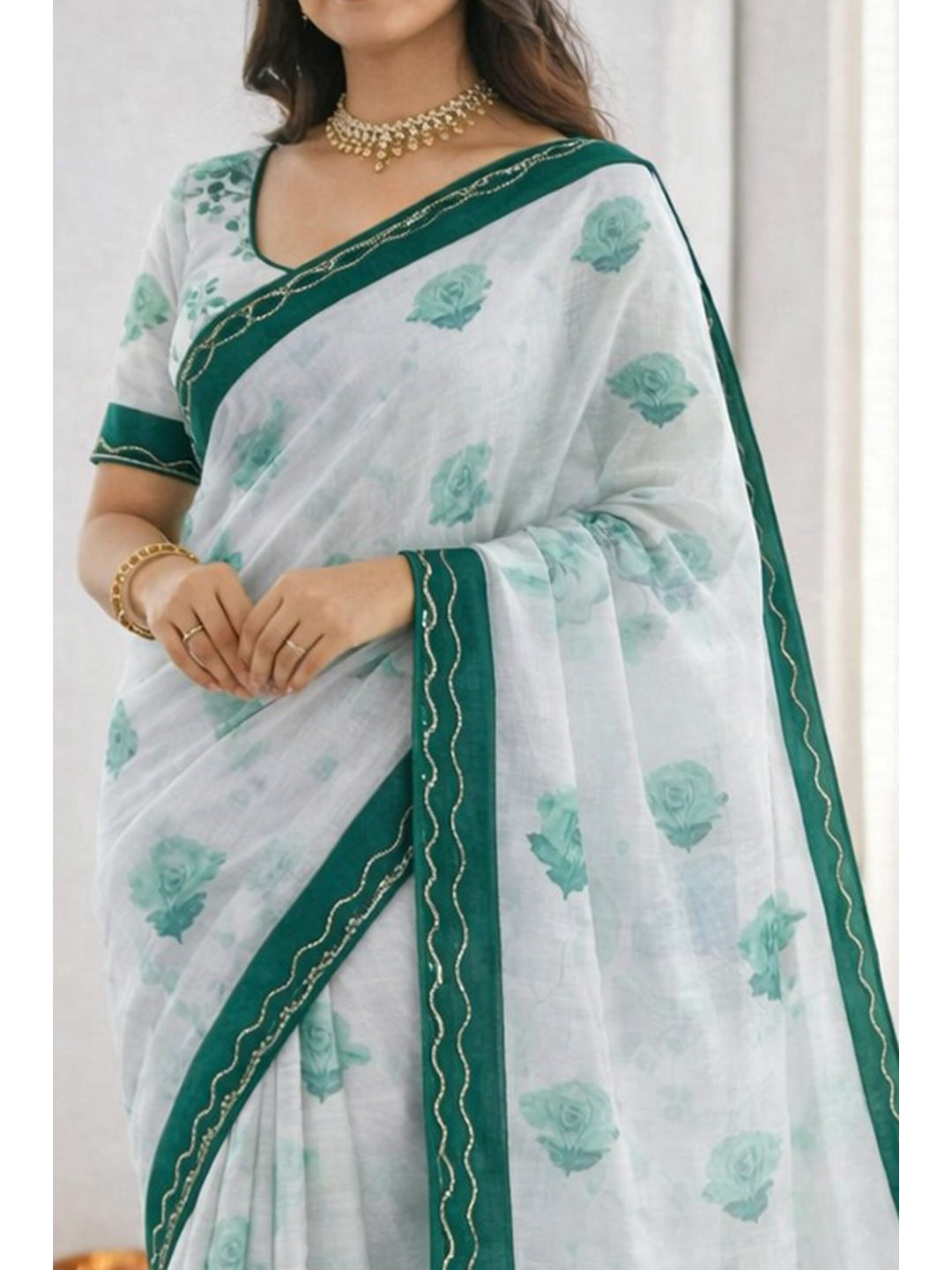 Peachmode Green Cotton Blend Devika Saree - Image 3