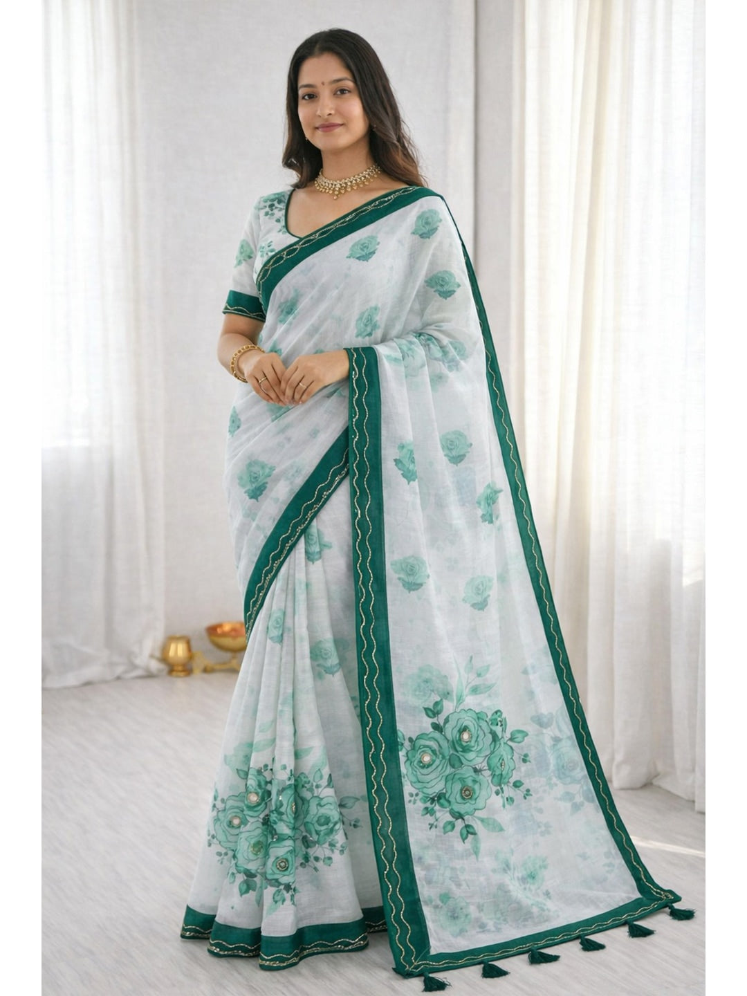 Peachmode Green Cotton Blend Devika Saree - Image 1