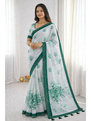 Peachmode Green Cotton Blend Devika Saree - Image 1