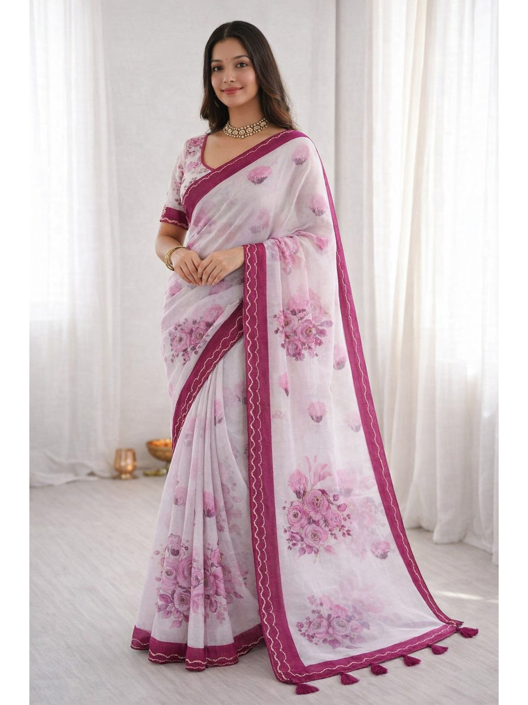 Peachmode Pink Cotton Blend Devika Saree - Image 1
