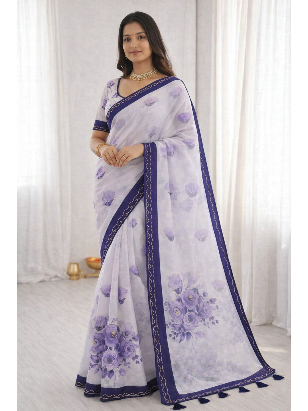 Peachmode Purple Cotton Blend Devika Saree - Image 1