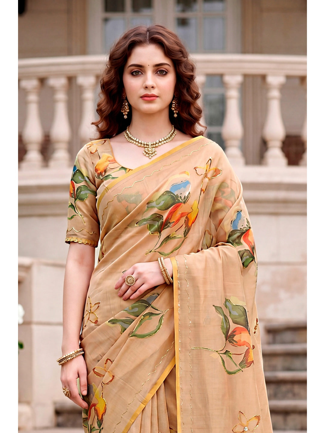 Peachmode Beige Cotton Blend Erodi Saree - Image 1