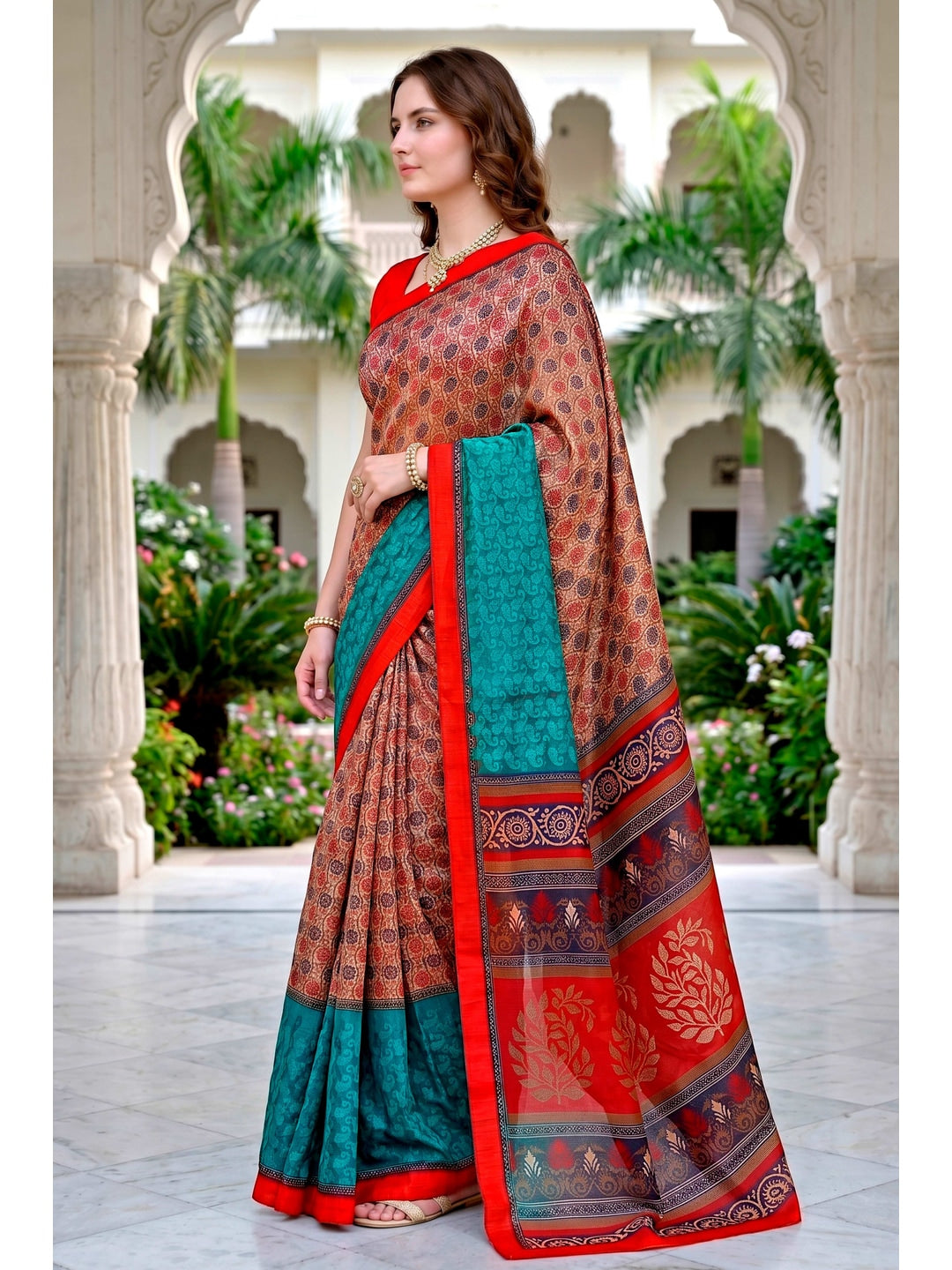 Peachmode Beige & Teal Cotton Blend Harshita Saree - Image 2