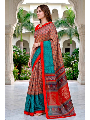 Peachmode Beige & Teal Cotton Blend Harshita Saree - Image 2