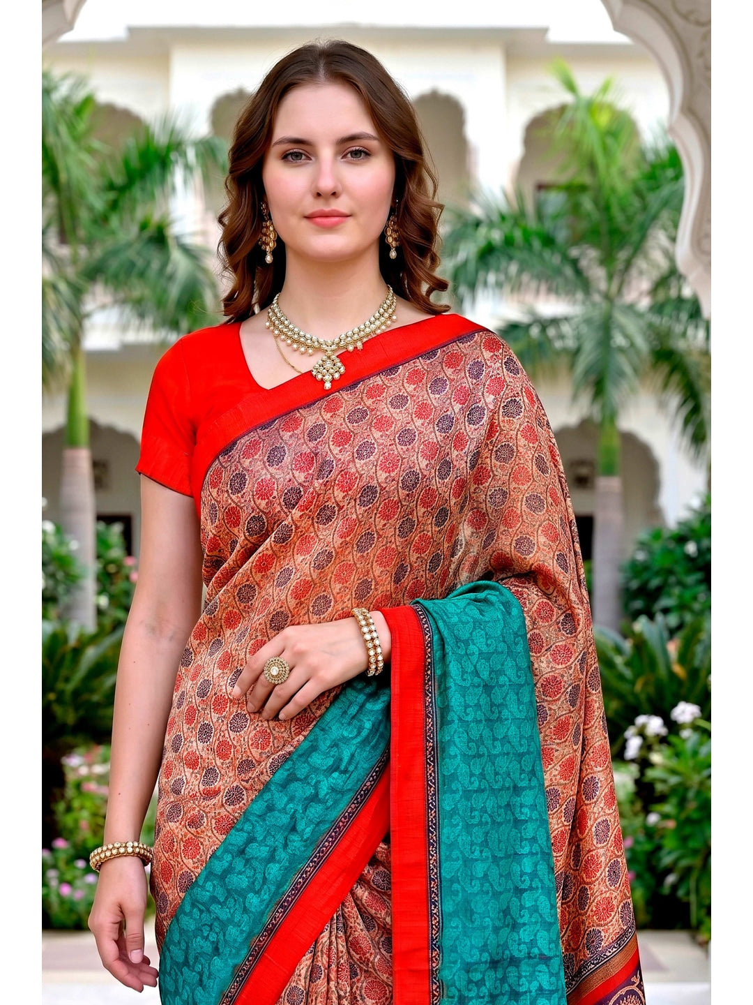 Peachmode Beige & Teal Cotton Blend Harshita Saree - Image 3