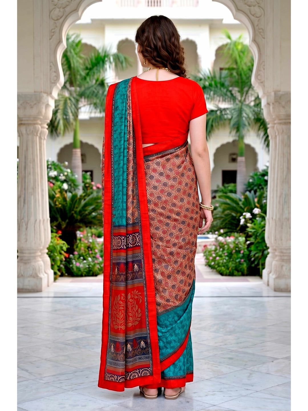Peachmode Beige & Teal Cotton Blend Harshita Saree - Image 4