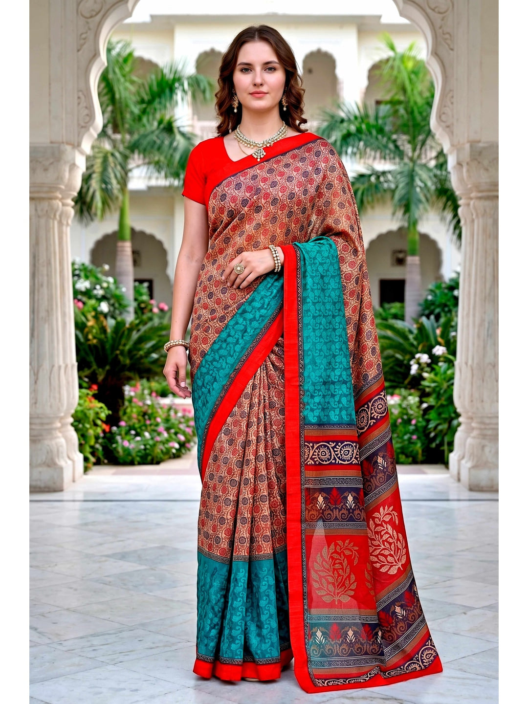 Peachmode Beige & Teal Cotton Blend Harshita Saree - Image 1