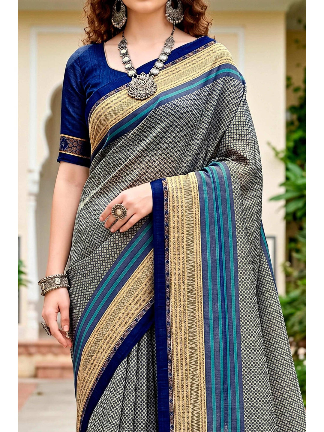 Peachmode Grey Cotton Blend Harshita Saree - Image 5