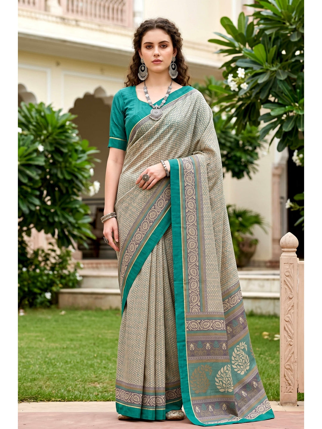 Peachmode Grey Cotton Blend Harshita Saree - Image 1